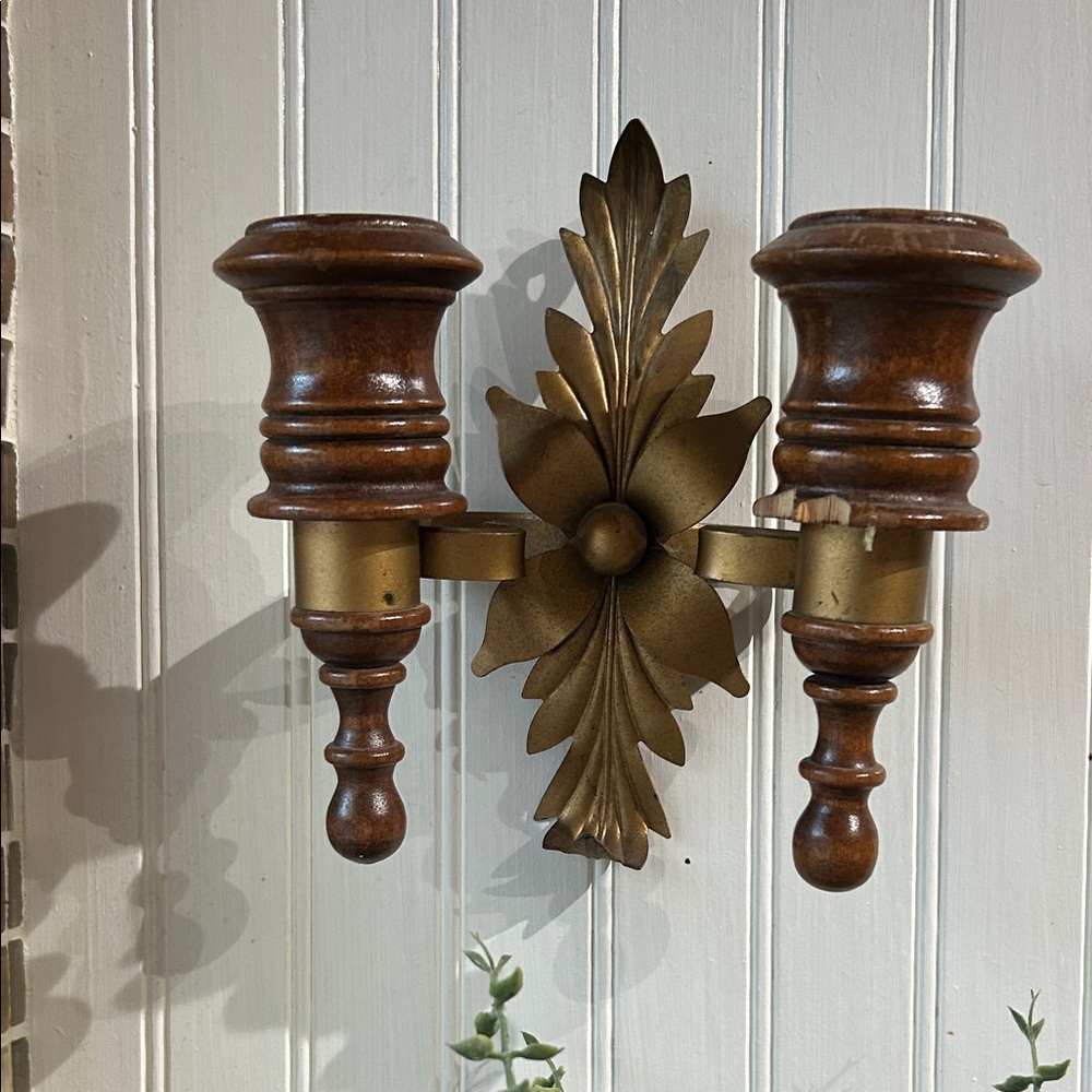 Vintage Wooden and Brass Wall Sconce